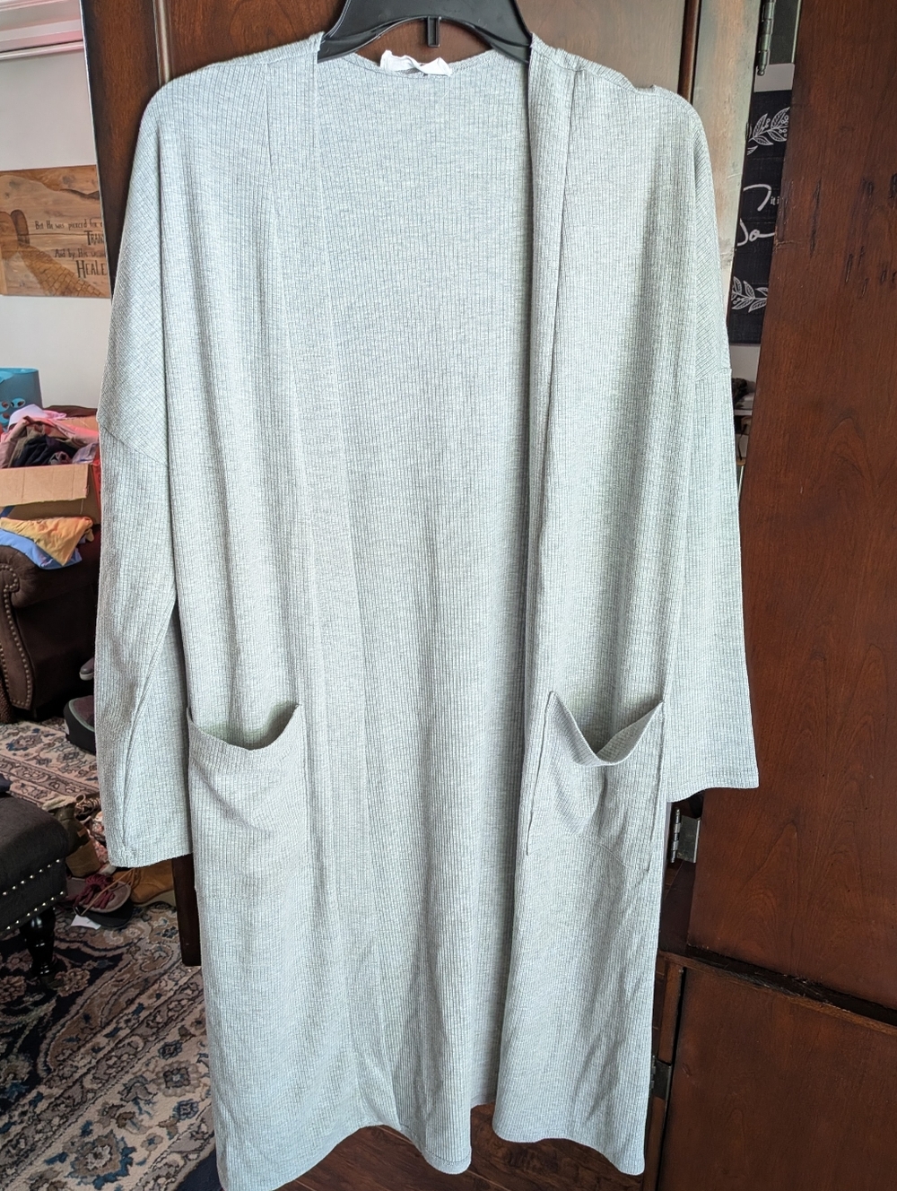 Gray Open Front Long Cardigan Sweater